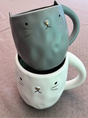 Market Square Cute Cat Ceramic Dimple Mugs Gray and White Set 18 Fl Oz